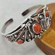 Bracelet Jonc Ancien En Argent Massif Avec Corail Naturel, Bijou Vintage