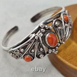 Bracelet jonc ancien en ARGENT MASSIF avec CORAIL naturel, bijou vintage