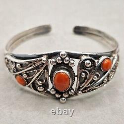 Bracelet jonc ancien en ARGENT MASSIF avec CORAIL naturel, bijou vintage