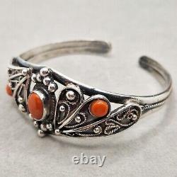 Bracelet jonc ancien en ARGENT MASSIF avec CORAIL naturel, bijou vintage