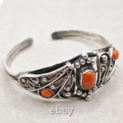 Bracelet jonc ancien en ARGENT MASSIF avec CORAIL naturel, bijou vintage