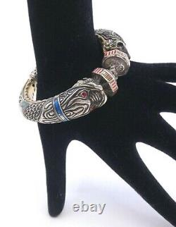 Bracelet jonc vintage ancien en argent massif émaillé tête de chimère signé