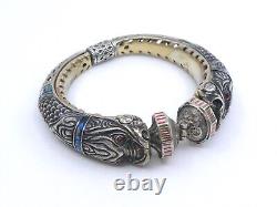Bracelet jonc vintage ancien en argent massif émaillé tête de chimère signé