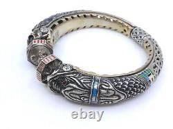 Bracelet jonc vintage ancien en argent massif émaillé tête de chimère signé