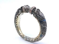 Bracelet jonc vintage ancien en argent massif émaillé tête de chimère signé