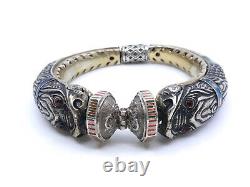 Bracelet jonc vintage ancien en argent massif émaillé tête de chimère signé