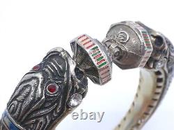 Bracelet jonc vintage ancien en argent massif émaillé tête de chimère signé