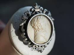 Broche Ancien Argent Massif Camee Pierre De Lave Antique Lava Cameo Carved Brooc