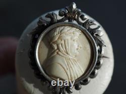 Broche Ancien Argent Massif Camee Pierre De Lave Antique Lava Cameo Carved Brooc