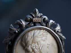 Broche Ancien Argent Massif Camee Pierre De Lave Antique Lava Cameo Carved Brooc
