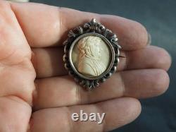 Broche Ancien Argent Massif Camee Pierre De Lave Antique Lava Cameo Carved Brooc