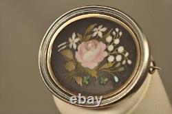 Broche Ancien Argent Massif Pietra Dura Inlay Antique Solid Silver Brooch