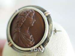 Broche Ancienne Argent Massif Nielle Camee Pierre De Lave Antique Lava Cameo Bro