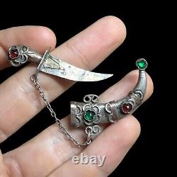 Broche Ancienne Poignard Oriental En Argent Massif & Orné De Pierres & XIX Eme