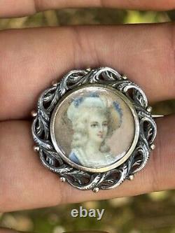 Broche Argent Massif & Miniature Dame De Qualité & Bijou Ancien & Peinture