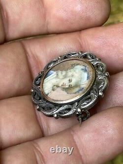 Broche Argent Massif & Miniature Dame De Qualité & Bijou Ancien & Peinture