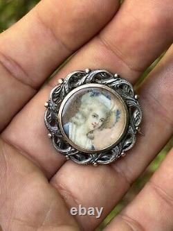 Broche Argent Massif & Miniature Dame De Qualité & Bijou Ancien & Peinture