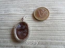 CAMÉE ANCIEN-COQUILLE-profil de femme-Pendentif- Argent Massif 925-Pologne