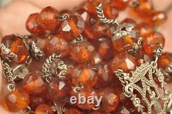 CHAPELET ANCIEN AMBRE ARGENT MASSIF ANTIQUE SOLID SILVER AMBER ROSARY 19th