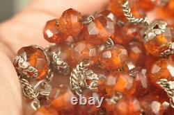 CHAPELET ANCIEN AMBRE ARGENT MASSIF ANTIQUE SOLID SILVER AMBER ROSARY 19th