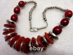 COLLIER ETHNIQUE ancien ARGENT massif 925 & CORNALINE perles VINTAGE necklace