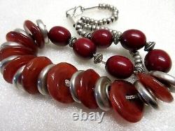 COLLIER ETHNIQUE ancien ARGENT massif 925 & CORNALINE perles VINTAGE necklace
