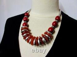 COLLIER ETHNIQUE ancien ARGENT massif 925 & CORNALINE perles VINTAGE necklace