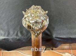 Canne ancienne argent Massif Pommeau LION Art Nouveau Deco Animalier