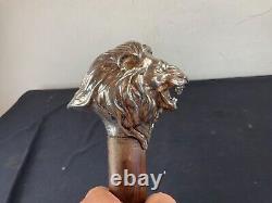 Canne ancienne argent Massif Pommeau LION Art Nouveau Deco Animalier