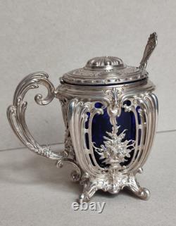 Charles Harleux Ancien Joli Moutardier Argent Massif Interieur Bleu Style L XV