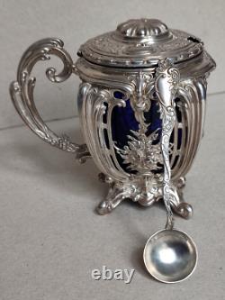 Charles Harleux Ancien Joli Moutardier Argent Massif Interieur Bleu Style L XV