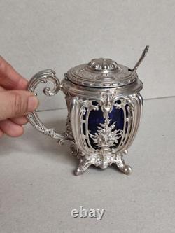 Charles Harleux Ancien Joli Moutardier Argent Massif Interieur Bleu Style L XV