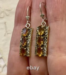 Citrine, Topaze, Vermeil, Argent Massif, Anciennes Boucles D'oreilles