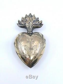 Coeur de Marie ancien en argent massif vermeil reliquaire Ex voto pendentif XIXe