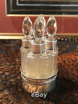 Coffret Senteur 4 Flacons Parfum Cristal Et Argent Massif / Argenterie Ancienne