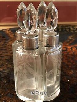 Coffret Senteur 4 Flacons Parfum Cristal Et Argent Massif / Argenterie Ancienne
