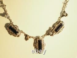 Collier Ancien Argent Massif Onyx Marcassites Antique Silver Necklace