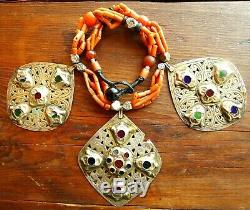 Collier Maroc Perles Corail Ancien Pendentifs Argent Antique Moroccan Necklace