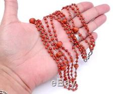 Collier ancien 3 rangs de perles de corail rouge monté sur argent massif XIXeme