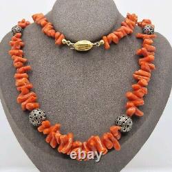 Collier ancien en ARGENT MASSIF 800, VERMEIL et CORAIL, bijou vintage