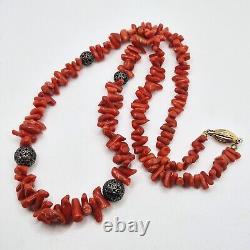Collier ancien en ARGENT MASSIF 800, VERMEIL et CORAIL, bijou vintage