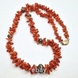 Collier ancien en ARGENT MASSIF, VERMEIL et CORAIL, bijou vintage