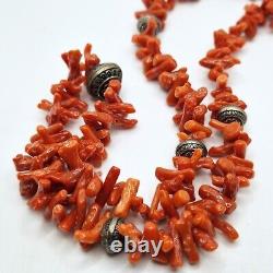 Collier ancien en ARGENT MASSIF, VERMEIL et CORAIL, bijou vintage