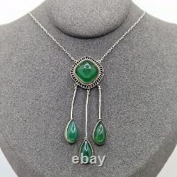 Collier ancien en ARGENT MASSIF avec cabochons en ONYX VERT, bijoux vintage