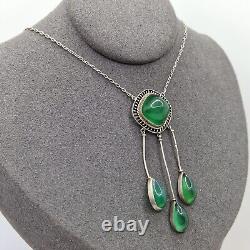 Collier ancien en ARGENT MASSIF avec cabochons en ONYX VERT, bijoux vintage
