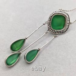 Collier ancien en ARGENT MASSIF avec cabochons en ONYX VERT, bijoux vintage