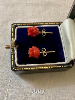 Corail Fleur Sculptée, Vermeil, Argent Massif, Anciennes Boucles D'oreilles
