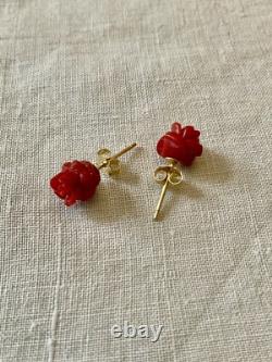 Corail Fleur Sculptée, Vermeil, Argent Massif, Anciennes Boucles D'oreilles