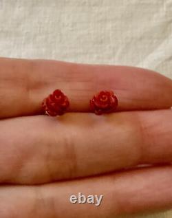 Corail Fleur Sculptée, Vermeil, Argent Massif, Anciennes Boucles D'oreilles