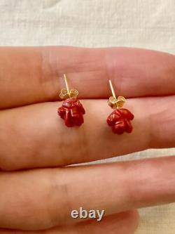 Corail Fleur Sculptée, Vermeil, Argent Massif, Anciennes Boucles D'oreilles